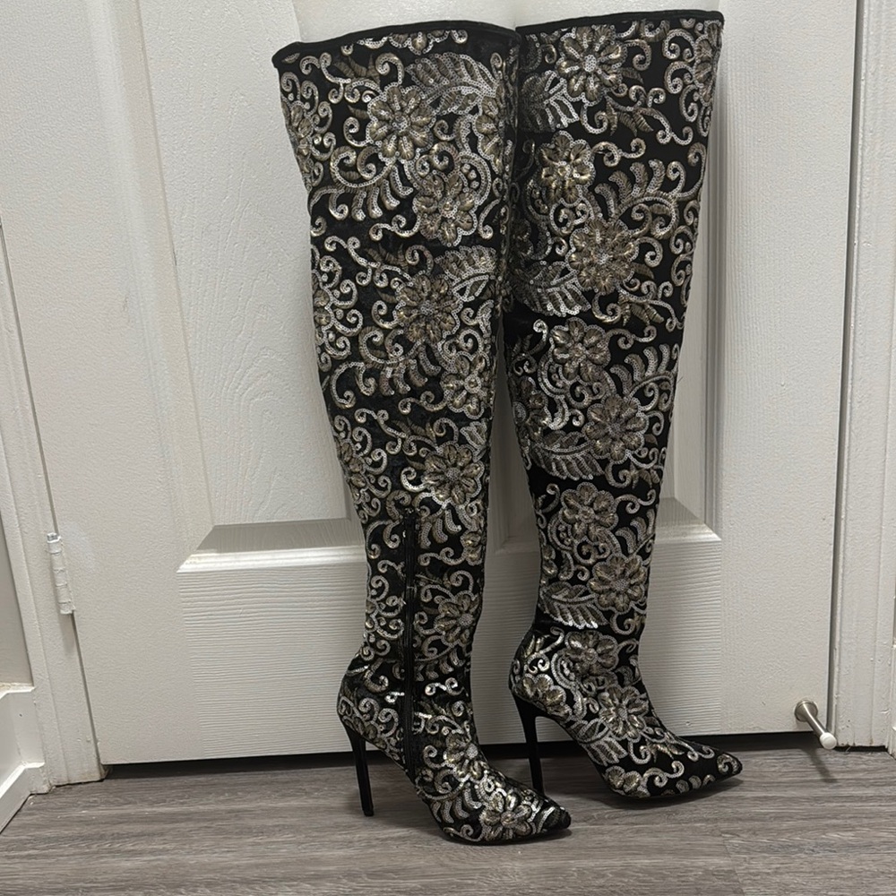Elegant Black and Silver Over-the-Knee Boots with Ornate Pattern